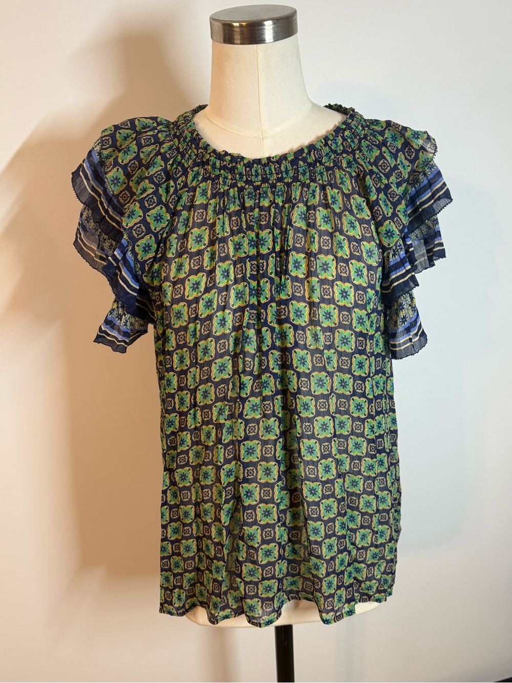 Velvet by Graham & Spencer Navy and Green Smocked-Neck Flutter Sleeve Top